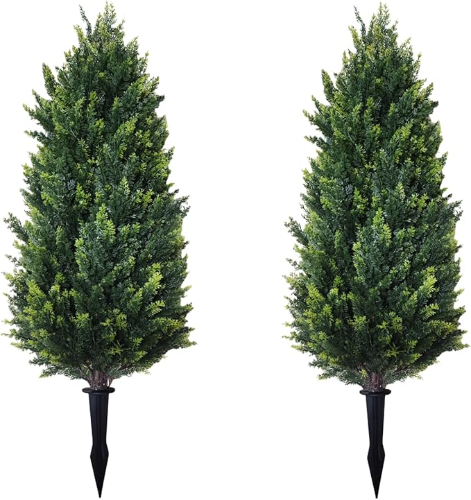 3FT Artificial Cedar Topiary Trees with Ground Spike Set of 2, UV Resistant Artificial Bushes Faux Cypress Trees for Indoor Outdoor Home Garden, Yard, Porch, Patio Decor (Extra Dense)