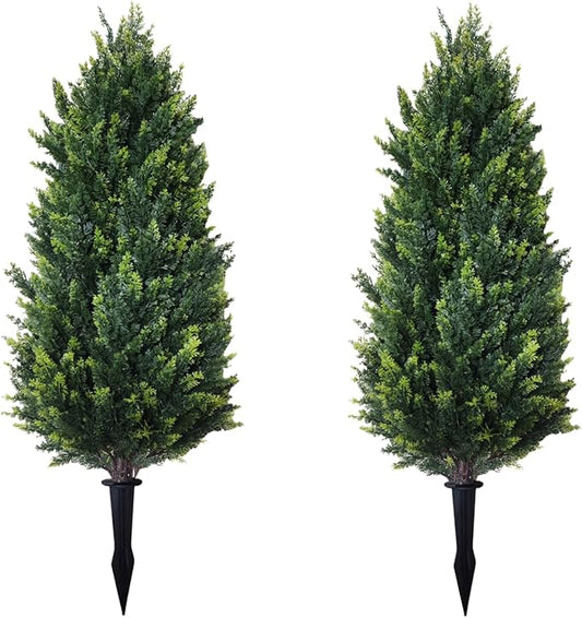 3FT Artificial Cedar Topiary Trees with Ground Spike Set of 2, UV Resistant Artificial Bushes Faux Cypress Trees for Indoor Outdoor Home Garden, Yard, Porch, Patio Decor (Extra Dense)