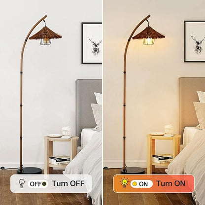 beaysyty Bamboo Floor lamp Mid Century Rattan Retro Floor lamp Bohemian,Arc Floor Lamps for Living Room Tall Reading Lamps Antique Rattan Style for Bedroom Dining Room Farmhouse Study (Brown)