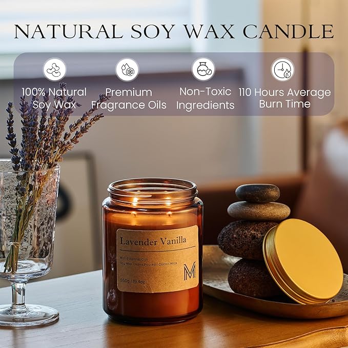 M&SENSE Lavender Vanilla Scented Christmas Candle Gift | 19.4oz, 115-Hour Burn | Natural Organic Soy Wax | Long-Lasting for Stress Relief and Gifting | for Christmas, Thanksgiving, Holiday