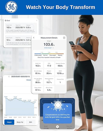 GE Smart Scale for Body Fat, BMI Muscle Mass Digital Bathroom Weight Scales Bluetooth Electronic Body Composition Monitor for People with App Large Display, Accurate 400lb Weighing