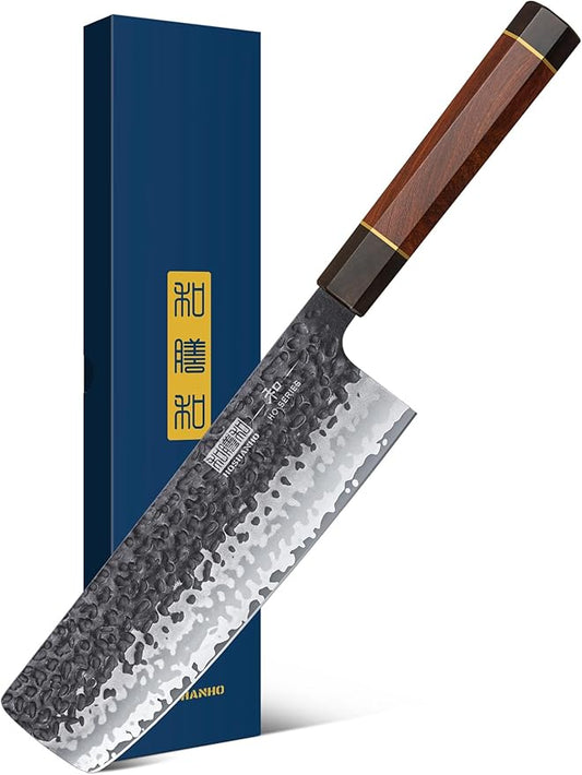 7 Inch Nakiri Knife, Japanese Hand Forged Asian Chopping Chef Knife, Professional Meat Vegetable Cleaver Kitchen Knife with Ergonomic Handle