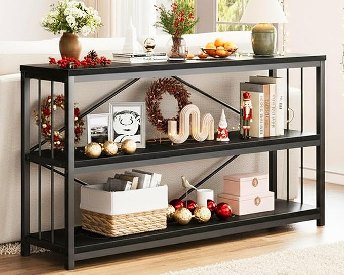 LVB Black Console Table, Modern Entryway Table for Hallway Living Room, Industrial Sofa Table Behind Couch, Farmhouse Wooden Metal Entry Table for Foyer with 3-Tier Storage Shelves, Black Oak, 55 Inch