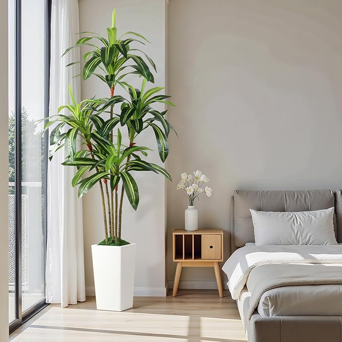 Artificial Dracaena Fake Tree 6FT, White High Pot Artificial Plants Indoor&Outdoor, Fake Plants for Office/Home/Living Room Potted Decoration, 6ft