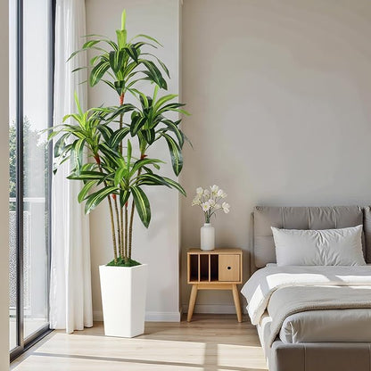 Artificial Dracaena Fake Tree 6FT, White High Pot Artificial Plants Indoor&Outdoor, Fake Plants for Office/Home/Living Room Potted Decoration, 6ft