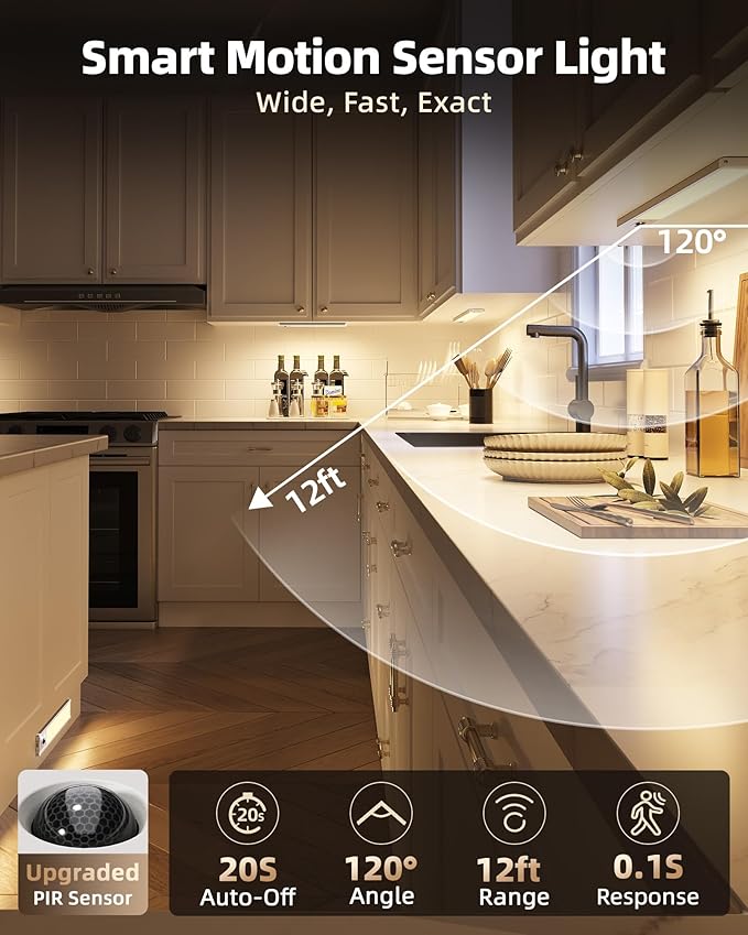 EZVALO 3 Pack Under Cabinet Lighting, Rechargeable Motion Sensor Light, LED Closet Lights Wireless, 3500K Dimmable, Timer, Magnetic, with Remote Control for Kitchen, Closet, Stair