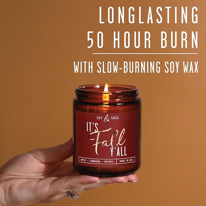 Fall Candles - 'It's Fall Yall' Candle w/Apple Cinnamon & Nutmeg I Infused with Essential Oils I Autumn Scented Candles I Cozy Cute Décor Gifts I 9oz Jar I 50Hr Burn I Made in USA