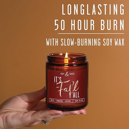 Fall Candles - 'It's Fall Yall' Candle w/Apple Cinnamon & Nutmeg I Infused with Essential Oils I Autumn Scented Candles I Cozy Cute Décor Gifts I 9oz Jar I 50Hr Burn I Made in USA