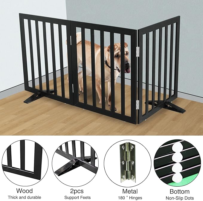 Dog Gate Indoor, Freestanding Dog Fence for The House, Doorways, Hallways,or Stairs,Pet Gate Foldable Wooden,Expandable 24" Height 3 Panels,Black