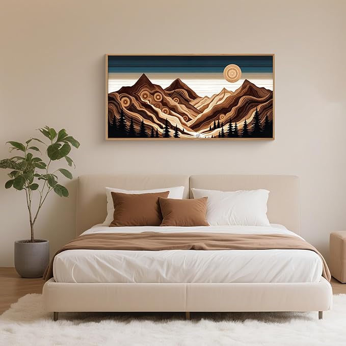 Large Abstract Mountain Woodcut Framed Canvas Wall Art,Modern Tree Ring Wall Decor,Sunrise Ridge Scenery Wall Painting,Retro Desert Artwork for Living Room,Bedroom,Dining Room,Office -20"x40"x1