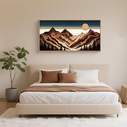 Large Abstract Mountain Woodcut Framed Canvas Wall Art,Modern Tree Ring Wall Decor,Sunrise Ridge Scenery Wall Painting,Retro Desert Artwork for Living Room,Bedroom,Dining Room,Office -20"x40"x1