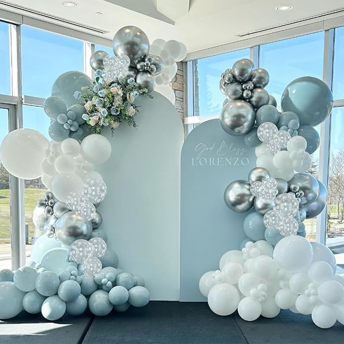 Blue White Balloons, 60 PCS 12 Inch Dusty Light Baby Blue White and Silver Balloon Snowflake Balloons for Winter Baby Boy Shower Decorations Bridal Shower Wedding Birthday Party