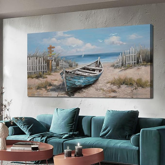 Ardemy Boat Canvas Wall Art for Living Room Large Teal Bedroom Pictures Wall Decor Textured Beach Paintings Artwork Dining Room Home Office Kitchen, 48"x24"