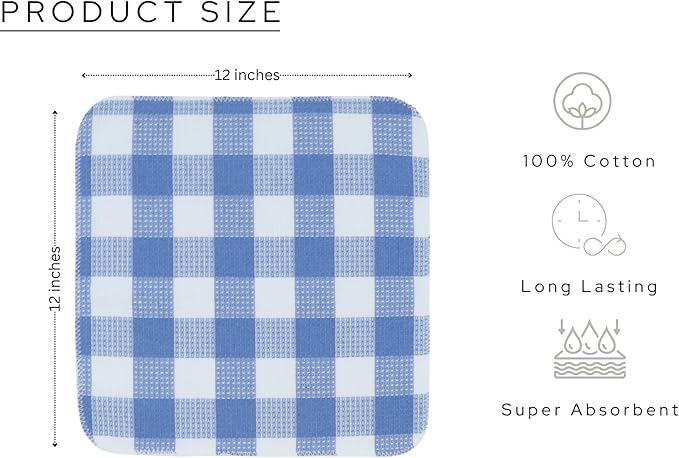 Waffle Weave Plaid Dish Cloths, 100% Cotton - 12 x 12 Inches, Ultra Soft Absorbent Quick Drying Dish Towels Buffalo Check Dish Rags for Kitchen, 8 Pack - Fall Thanksgiving - Light Blue & White