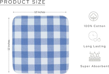 Waffle Weave Plaid Dish Cloths, 100% Cotton - 12 x 12 Inches, Ultra Soft Absorbent Quick Drying Dish Towels Buffalo Check Dish Rags for Kitchen, 8 Pack - Fall Thanksgiving - Light Blue & White