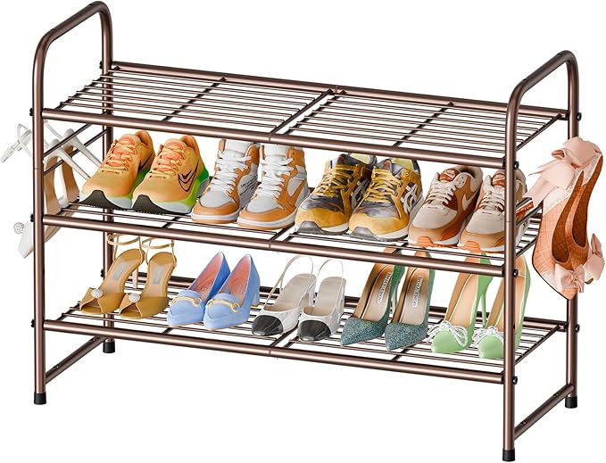 SUFAUY 3 Tier Shoe Rack, Closet Metal Shoe Rack Organizer Heavy Duty, Stackable, Bronze