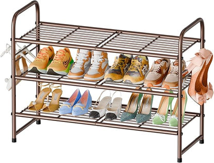 SUFAUY 3 Tier Shoe Rack, Closet Metal Shoe Rack Organizer Heavy Duty, Stackable, Bronze