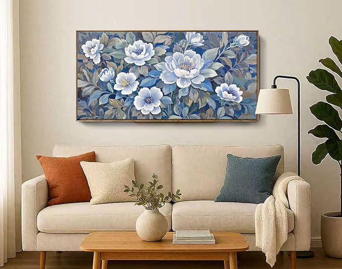 ARTZON Framed Large Wall Art for Living Room- Modern Blue and White Canvas Art Prints Peony Picture Blossom Flower Botanical Elegant Horizontal Artwork Relaxing Women Bedroom Office 48x24 Inch