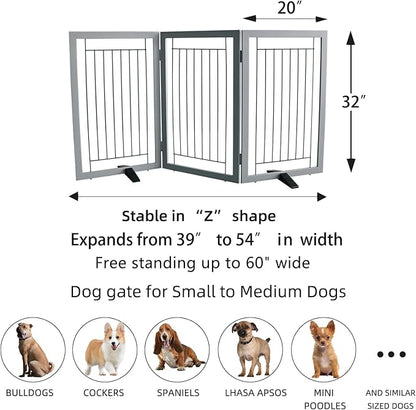 ZJSF Freestanding Dog Gate Indoor, Foldable Dog Fence for Doorways,Hallways or Stairs, Sturdy Wood Extra Wide Pet Gate with Support Feet,Grey,32 "Height-3 Panels