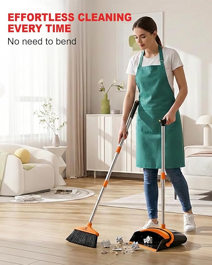 Broom and Dustpan Set Upright Standing Sweeper with Long Handle Folding Dust Pan with Built-in Teeth Comb Indoor & Outdoor Cleaning Compact Storage Broom Dustpan Combo Set