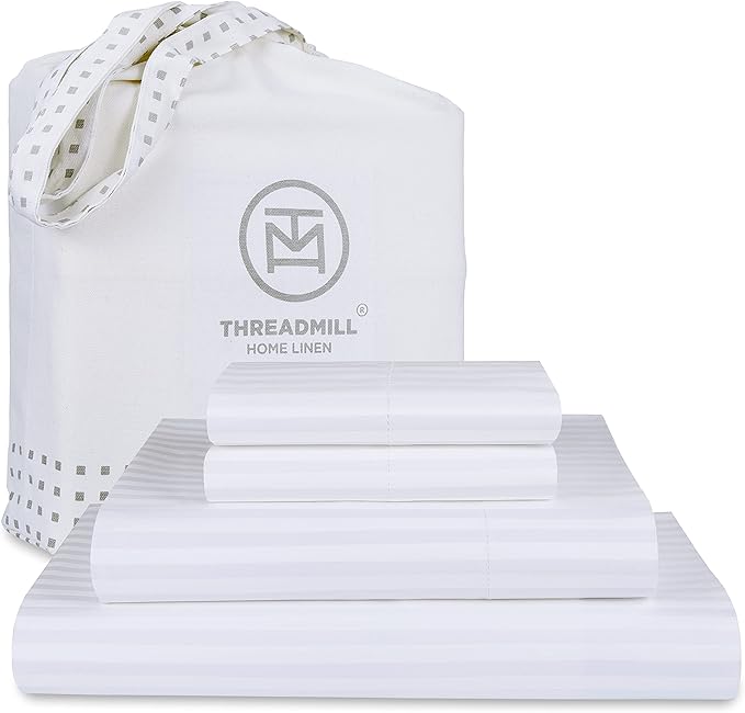 Threadmill 100% Cotton Sheets for Queen Size Bed - 600 Thread Count Queen Bed Sheets Set with 16” Deep Pocket - Damask Stripe Sateen Weave 4-Piece Bedding Set with Cooling Effect, White