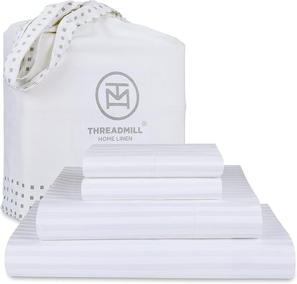 Threadmill 100% Cotton Sheets for Queen Size Bed - 600 Thread Count Queen Bed Sheets Set with 16” Deep Pocket - Damask Stripe Sateen Weave 4-Piece Bedding Set with Cooling Effect, White
