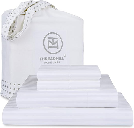 Threadmill 100% Cotton Sheets for Full Size Bed - 600 Thread Count Full Bed Sheets Set with 16” Deep Pocket - Damask Stripe Sateen Weave 4-Piece Bedding Set with Cooling Effect, White