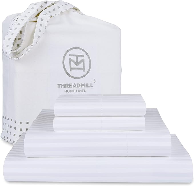 Threadmill 100% Cotton Sheets for Cal King Size Bed - 600 Thread Count Cal King Bed Sheets Set with 16” Deep Pocket - Damask Stripe Sateen Weave 4-Piece Bedding Set with Cooling Effect, White