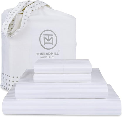 Threadmill 100% Cotton Sheets for Cal King Size Bed - 600 Thread Count Cal King Bed Sheets Set with 16” Deep Pocket - Damask Stripe Sateen Weave 4-Piece Bedding Set with Cooling Effect, White