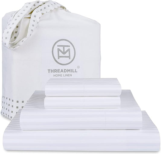 Threadmill 100% Cotton Sheets for Cal King Size Bed - 600 Thread Count Cal King Bed Sheets Set with 16” Deep Pocket - Damask Stripe Sateen Weave 4-Piece Bedding Set with Cooling Effect, White