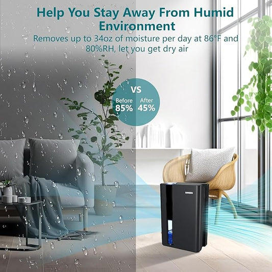 SIMSEN 95oz Dehumidifiers for Home, 800 sq ft Quiet Small Dehumidifier with Drain Hose, Dehumidifiers for Bedroom Bathroom Basements Closet RV (Black)