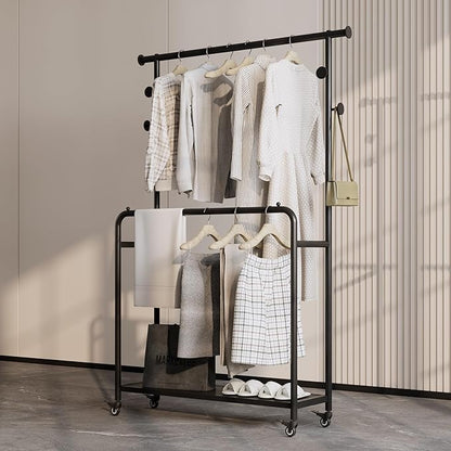 Sturdy Metal Double Rods Clothes Rack With Wheels, Rolling Clothing Rack With Shelves & Hooks, Heavy Duty Garment Racks for Hanging Clothes, Multi-Functional Closet Rack for Bedroom