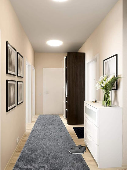 20FT Long Non-Slip Washable Carpet Runner Rug with Rubber Backing, Custom Length Floor Mat for Kitchen Hallway Stairs Bedroom Entry, Scroll Anthracite Grey, Your Choice of Length, (26" X 20')
