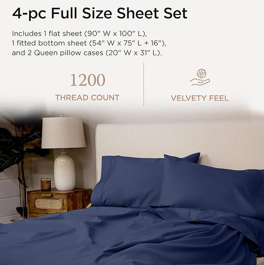Threadmill Luxury Full Size Supima Cotton Sheets, 1200 Thread Count, 5-Star Hotel Quality 4 Piece Bed Sheets with Extra Deep Pocket, Folkstone Blue