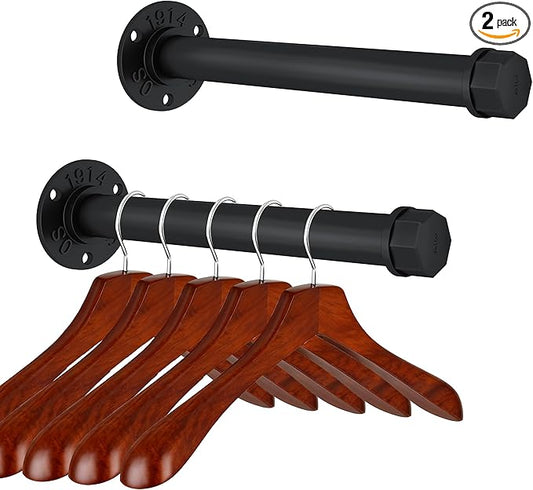 Industrial Pipe Clothes Hanger Rack 12 Inches Heavy Duty Metal Wall Mounted Hanger Bar For Hanging Clothing Small Closet Rods (2 Pack)