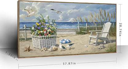 ARTZON Coastal Canvas Wall Art – Framed Sea Scene Oversized Print Artwork Beach Chair Sand Blue Ocean Landscape Picture for Living Room, Office Decor, 58x29 Inch