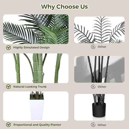 Artificial Areca Palm Tree 7FT Fake Potted Plant Faux Silk Tropical Areca Palm Real Bark Design, Large Artificial Plant in Tall White Pot for Home Living Room House Warming Floor Decor