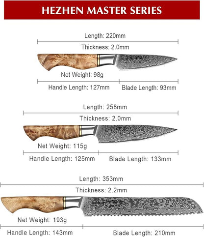 HEZHEN Damascus Kitchen Knives Set, Damascus Steel Japanese Style Chef Knife Utility Knife Santoku Knife,Figured Sycamore Wood Handle