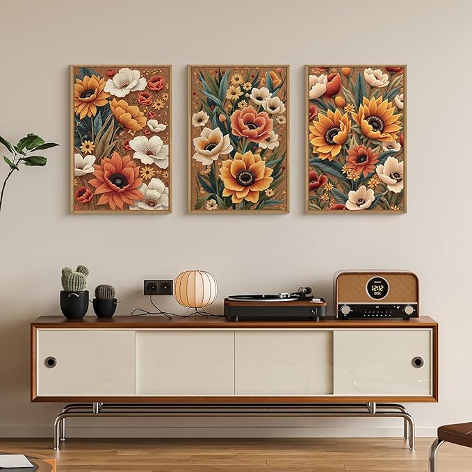 Large Boho Flower Botanical Framed Canvas Wall Art,Abstract Floral Wall Decor,Embroidery Plant Wall Painting,Bloom Wildflower Artwork for Living Room,Bedroom,Dining Room,Office -16"x24"x3