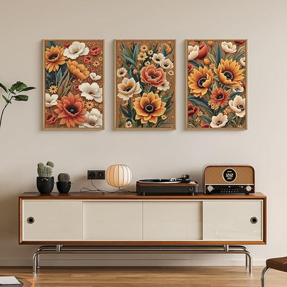 Large Boho Flower Botanical Framed Canvas Wall Art,Abstract Floral Wall Decor,Embroidery Plant Wall Painting,Bloom Wildflower Artwork for Living Room,Bedroom,Dining Room,Office -16"x24"x3