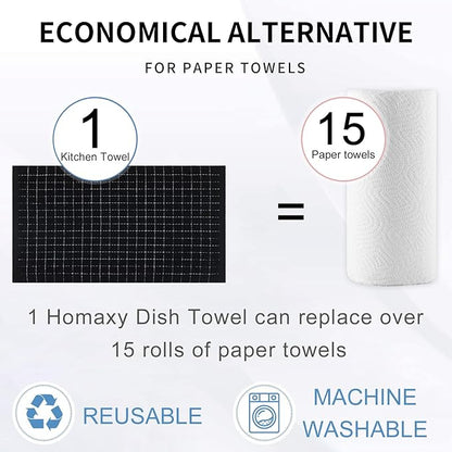 Homaxy 100% Cotton Terry Kitchen Towels(Black, 20 x 28 inches), Checkered Designed, Soft and Super Absorbent Dish Towels, Large 8 Pack