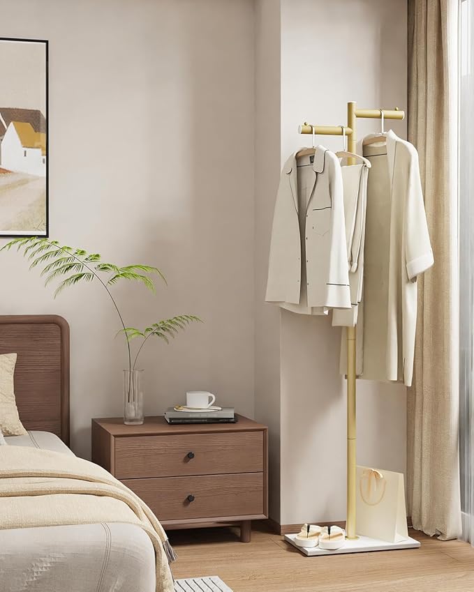 Free-standing Metal Coat Racks, Modern Garment Rack, Z-shaped Coat Tree with Natural Rock Base, for Bedroom, Office, Hallway, Entryway, Living Room, 175cm, Gold