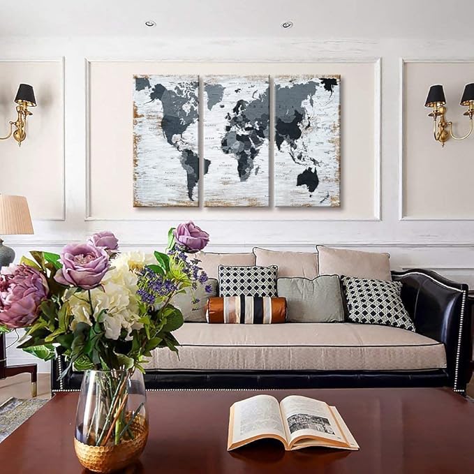 World Map Canvas Wall Art Teal Decor Black Wall Decor Office World Map Wall Art World Pictures for Living Room Wall Decoration Map Picture Framed Artwork Decor for Home Bedroom Decoration