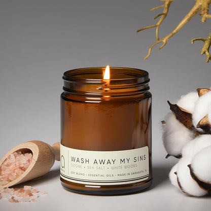 Bia Candle Co Soy Blend Candle, Himalayan Sea Salt, Ozone & Lily of The Valley – Clean Long Burn, Lead-Free Wick, Fresh Linen Aroma, Handmade in USA – Wash Away My Sins Scent, 7 oz