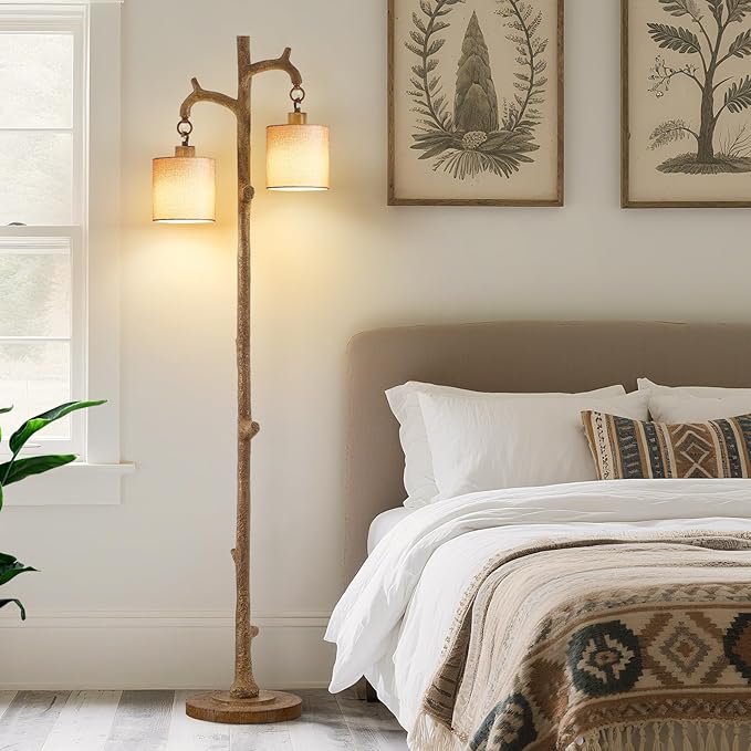 Rustic Floor Lamp for Living Room - Newly Upgraded Heavy-Duty Resin Base Farmhouse Floor Lamp with 2 Country Vintage Reading Light - Standing Lamps for Bedroom Office Home Decor (Brown, 2 Bulbs)