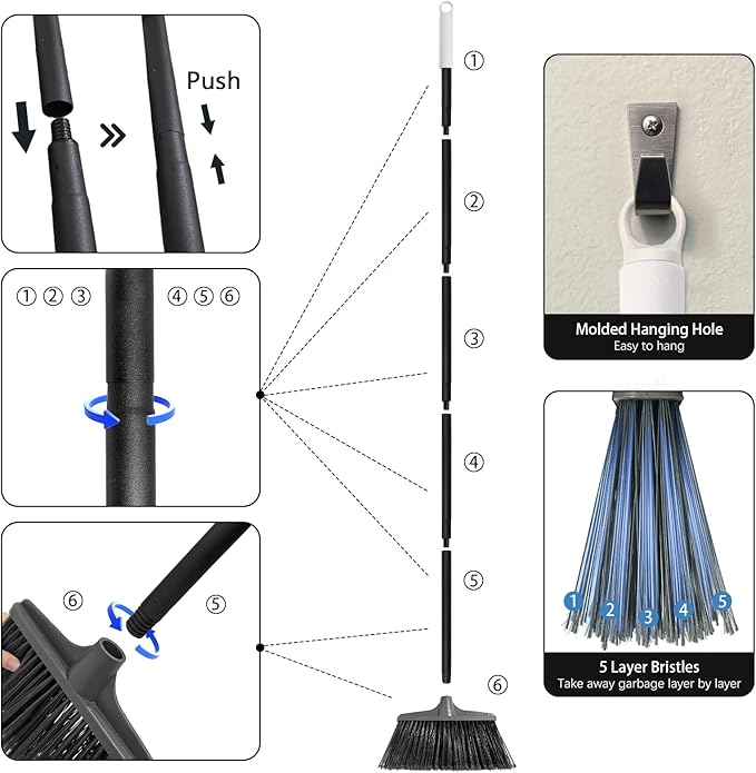Outdoor Broom for Floor Cleaning - 52-inch Heavy Duty Outside Broom, Stiff Bristle Brooms for Sweeping Outdoor, Angle Brooms for Floors Applied to Yards, Garages, Patios, and Walkways, etc. Dark Gray