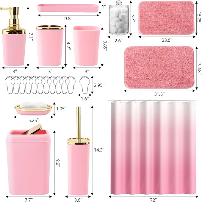 Bathroom Set - Pink Bathroom Sets with Shower Curtain and Rugs, 24PCS Shower Curtain Set with Hooks, Soap Dispenser, Soap Dish, Toilet Brush Holder and Trash Can for Housewarming