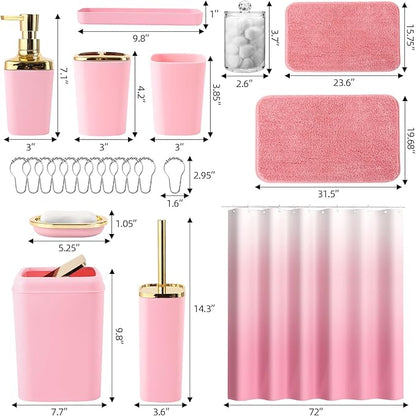 Bathroom Set - Pink Bathroom Sets with Shower Curtain and Rugs, 24PCS Shower Curtain Set with Hooks, Soap Dispenser, Soap Dish, Toilet Brush Holder and Trash Can for Housewarming
