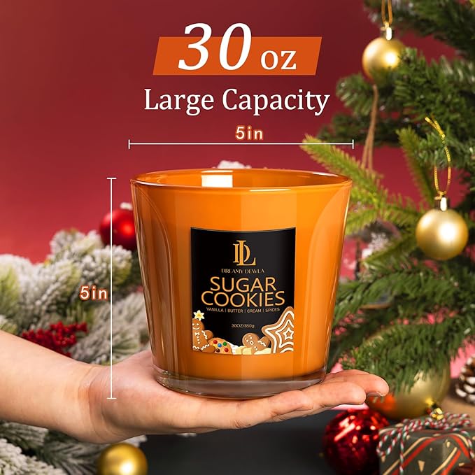Large Christmas Candle Sugar Cookie Scented, 4 Wick Natural Soy Candles for Home Scented, 30oz Big Scented Candle Long Lasting, Holiday Baking Fragrance Home Kitchen Christmas Gift for Women Men