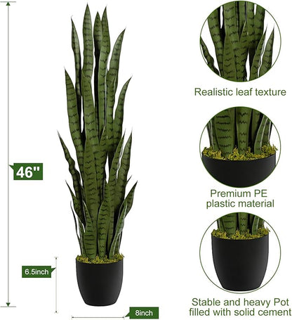 4ft Artificial Snake Plant – 46in Faux Sansevieria Plants, Fake Floor Plant for Indoor Outdoor, Front Porch Patio Home Office Decor, Mother-in-Law’s Tongue, Green 1Pcs